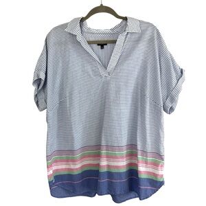 Talbots 100% Cotton Striped Popover Short Sleeve Blouse Size XL